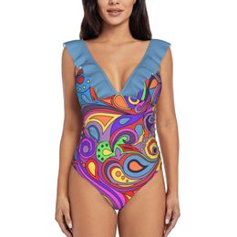 Wear Groovy Psychedelic Hippy Paisley Pattern Women'S Ruffle One Piece Swimsuit Bodysuit One Piece Swimwear Bathing Suit Beachwear