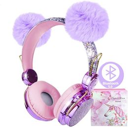 Headphones Kids Headphones Wireless POM Bear Ear Bluetooth Headset w/Mic Over On Ear Headset for Girls Teens School Kindle Tablet PC