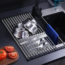 Kitchen Storage Stainless Steel Drainage Rack For Sink Foldable Fruit Vegetable Dishes Water Filtering Roller Shutter