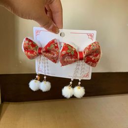 New Year's Red Children's Plush Clip Cute Women's Treasure Chinese Style Pair Tassel Bow Hair Accessories