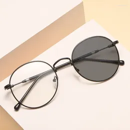 Sunglasses Round Pochromic Glasses Metal Eyeglass Frame For Men And Women Universal Anti Blue Light Flat Clear