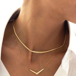 Simple Snake Bone Chain Double Layers Choker 14k Yellow Gold Necklace Vintage Geometric Triangle Pendant Neck Fashion Jewellery for Women