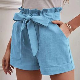 Women's Shorts Women Ruffle Waist Lace Up Casual Pockets Solid Color Mini Short Pants Cotton Spring Summer Baggy Wide Leg Cortos