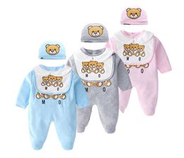 Retail Newborn baby onesies 2pcs set with cap cotton bear printed jumpsuit onepiece onesies jumpsuits toddle infant kids designer5894294