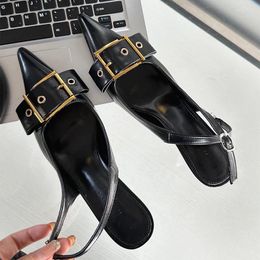 Dress Shoes ZOOKERLIN Mid Heel Buckles Black Women's Pumps Metal Decoration Sandals Pointy Toe Stiletto Slippers Party For Women