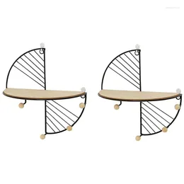 Kitchen Storage Iron And Wooden Basket With Hooks Sector Design Key Rack Hangers Holder Wall Hook Home Decoration (2 PCS)