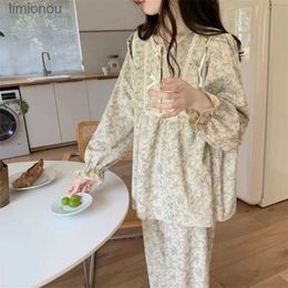 Women's Sleep Lounge Lace Sleepwear Women Pyjamas Set for Home Floral Vintage Long Sleeve Pants Suit 2 Pieces Spring Ruffle Korean O-neck Night WearsL240122