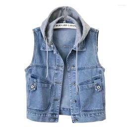 Women's Vests Short Hooded Denim Vest Jackets Women 2024 Spring Autumn Pocket Jean Waistcoat Sleeveless Tank Outerwear Female Casual Tops