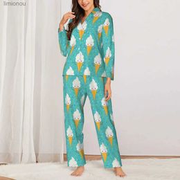 Women's Sleep Lounge Pyjamas Woman Cute Ice s Party Home Sleepwear Fun Food Print 2 Piece Aesthetic Pyjamas Set Long Sleeve Oversized Home SuitL240122