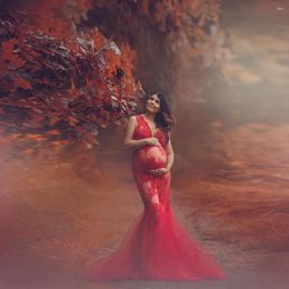 Casual Dresses Sexy Red Sheer Thru Lace Tulle For Pregnant Women Deep V Neck Long Mermaid Trumpet Maternity Dress To Po Shoot