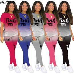 Capris Hlj&gg Letter Pink Print Women's Tracksuit Gradient Tshirt and Leggings Pants Matching Two Piece Set Outfits Sport Streetwear