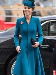 Principessa Kate Middleton nuova donna autunno lusso moda chic alta qualità sottile vintage casual festa ufficio cappotto abito midi blu