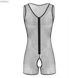 Sexy Set Sexy Set Sexy Lingerie See Through for Mens Open Crotch Fishnet Bodysuit Porno Hollow Out Sissy Leotard Body Suit Sleeveless Bodysuit C240410