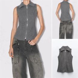 Women's Tanks French Casual Classic Versatile Solid Colour Lapel Sleeveless Slim Fit Chic Zipper Embellished Knitted Vest 6873114