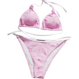 Costume da bagno rosa con stampa di lettere Set bikini per donna Costume da bagno sexy biquinis a tre punte estivo con lacci e costumi da bagno hot sping