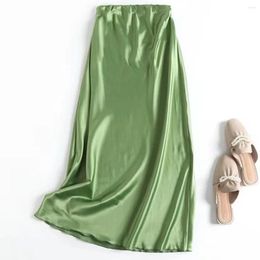 Skirts Withered Summer England Style Fashion Satin Green Colour High Waist Collect Long Skirt Straight Party Maxi Women