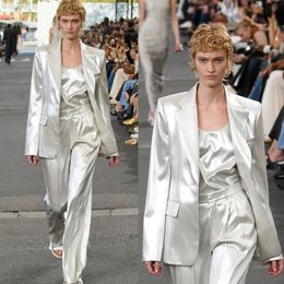 Satin Silk Women Pants Suits 3 Pieces Mother Of Bride Blazer Tuxedos Custom Made Fashion Show Wear