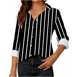 Women's Blouses Fashion Stitching Retro Stripe Print Long Sleeve Blouse Women 2024 Spring Lapel Button Casual Tops Lady Elegant Shirts Blusa