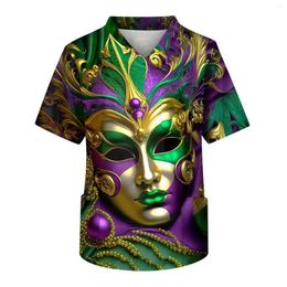 Men's T Shirts Carnival Mask Printed Short Sleeve V-neck Tops Working Pocket Blouse Male Scrub Uniform T-shirts Workwear