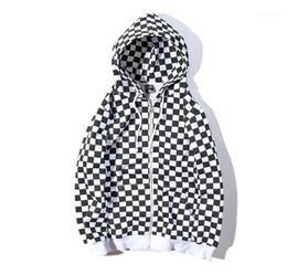 Men039s Hoodies Sweatshirts 2021 Kpop Black White Checkerboard Plaid Women Zipper Hoodie Sweatshirt Harajuku Streetwear Men O1461063