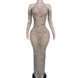 Stage Wear Luxury Rhinestone Pearls Mesh Long Dress Chicness Sleeves Tube Top Party Bar Nightclub Costume Sexy Outfit