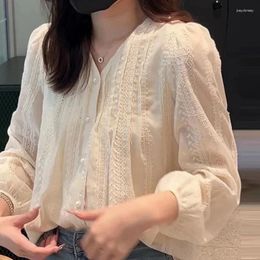 Women's Blouses V-neck Long Sleeve Lace Shirt Women Fashion Embroidery Blouse Autumn 2024 French Style Apricot Tops Clothes Blusas 30133