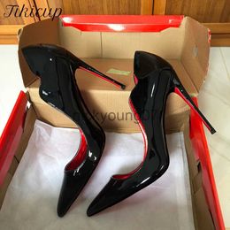 Sandals Tikicup Elegant Fashion Curl Cut Women Pointy Toe 12cm High Heel Shoes Sexy Glossy Black V Cut Party Celebrity Stiletto PumpsJ240122