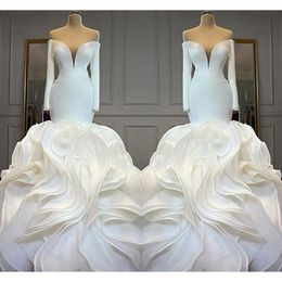 Stunningbride 2024 Elegant Customize Mermaid Wedding Dresses Off Shoulder Long Sleeves Cascading Ruffles Sweep Train Wedding Gowns