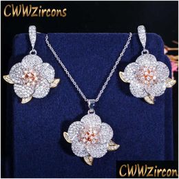 Earrings Necklace 3 Tone Rose Gold Fl Micro Pave Cubic Zirconia Ladies Flower Pendant And Jewellery Sets T063 210714 Drop Delivery Dhx2A