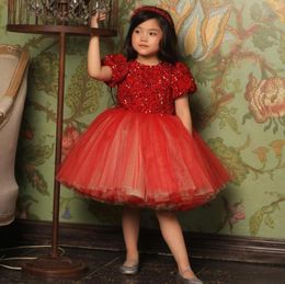 Sparkling Ball Gown Girl039s Pageant Dresses Sequins bodice Red Flower Girls Dress Tulle Short Sleeves Age 5 6 7 8 9 10 Prom Go5332829