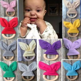 20pcs Infant baby INS Teethers Teething Ring Natural Wood Circle solid Colour Rabbit Ear cotton Teeth Practise Toys Handmade Ring Y4505665