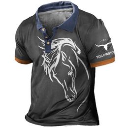 Man Polo Shirts Vintage Men's Short Sleeve Summer Cowboy Printed Tops Clothing Everyday Male Casual Lapel Button Tshirts 240119