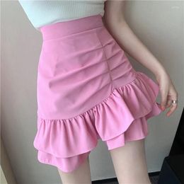 Skirts Women High Waist Ruffles Pleated Bodycon Female Pink Black Summer All-match Folds Irregular Slim A-line Cake Mini Skirt