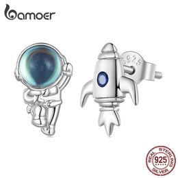 Earrings Bamoer 925 Sterling Silver Spaceman Spacecraft Asymmetric Stud Earrings for Women Party and Birthday Gift Fine Jewelry