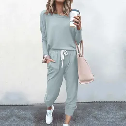 Women's Pants In Matching Set Womens Solid Round Neck Casual Loose Long Sleeve Top And Elegant Suits For Women Sets