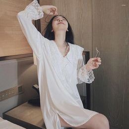 Women's Sleepwear Women Spring Autumn Nightdress Long Sleeve Sexy Nightgown Loose Lace Pyjamas Thin Mid-length Pajamas Solid Color Shirt