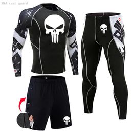 Pants Men Sports Suit Compression Tights Base Layer Running Fiess Mma Skull Rashgarda Bodybuilding Tshirt Gym Leggings Workout Set