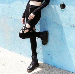 Gothic Hollow Out Pentagram Pants Skinny Plain Cool Sexy Black Leggings Women Slim Thin High Waist Front Zipper Pants6660060