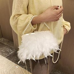 Cross Body White Feather Handbag Women's Evening Clutch Bag Exquisite Pearl Chain Wedding Bridal Shoulder Party Banquet Tote 321d