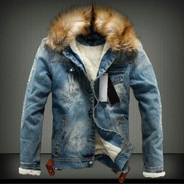 Winter Mens Denim Jacket with Fur Collar Retro Ripped Fleece Jeans and Coat for Autumn S6XL 240118