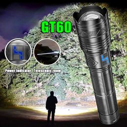 Flashlights World's Brightest 50000W Tactical LED Flashlight GT60 Long Range LED Torch USB Rechargeable Using 4*181350A Batteries 32000MAH 240122