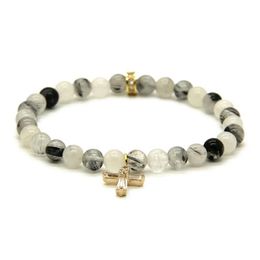 Whole Summer Womens Jewellery 6mm Black Rutilated Quartz Stone beads with Clear Zircons Loyal Cross Cz Bracelets356v