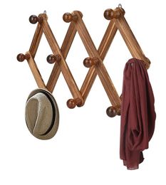 10 Hook Wood Expandable Rack Coat Hanger Wall Mounted Accordion Style8525372