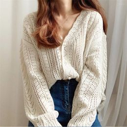 Women's Knits 2024 Women Spring Summer Sweater And Cardigans Low V-Neck Knit Tops Long Sleeve Hollow Out Sexy Cardigan Loose White PZ3476