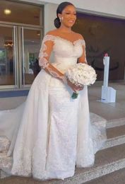 New Arrival Mermaid Wedding Dress 2024 For Women Detachable Train Sheer Neck Long Sleeves Lace Appliuqes African Bride Gowns Vestido De Novia