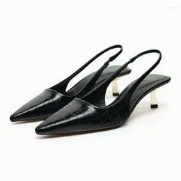 Dress Shoes TRAF Woman Black Leather Kitten High Heels Fashion Pointed Toe Slingbacks Pumps 2024 Elegant Women's Office Ladies