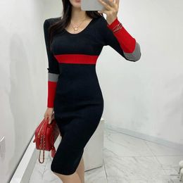 Casual Dresses Autumn Women Long Knitted Slim Black Sexy V-neck Stretch Long-sleeved Elegant Winter Knitting Sweater Pencil Dress XXL