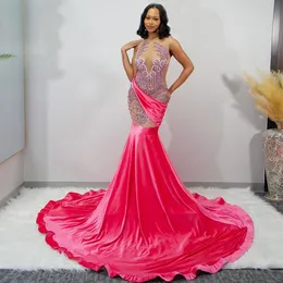 Hot Pink Rhinestone Prom Dresses 2024 See Through Mermaid Party Gowns For Women Elegant Evening Dress Long robes de soiree