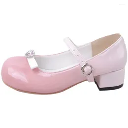 Dress Shoes Pink Patent Leather Crystal Mary Janes Women Cute Bowtie Low Square Heels Lolita Woman Ankle Strap Girls Pumps