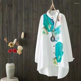 Women's Blouses Cotton And Linen Shirt Tops Stand Collar Loose Slim Medium Long Retro Printed Sleeve Casual Female